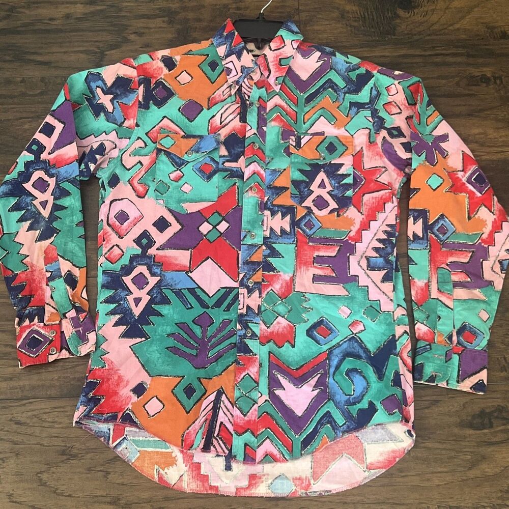 VTG Wrangler Cowboy Cut Rodeo Shirt Made USA Multicolor Size M-L Fresh Price